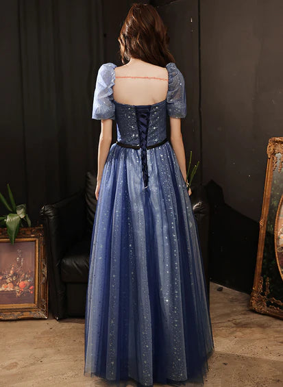 A-line Navy Blue Tulle Short Sleeves Long Party Dress